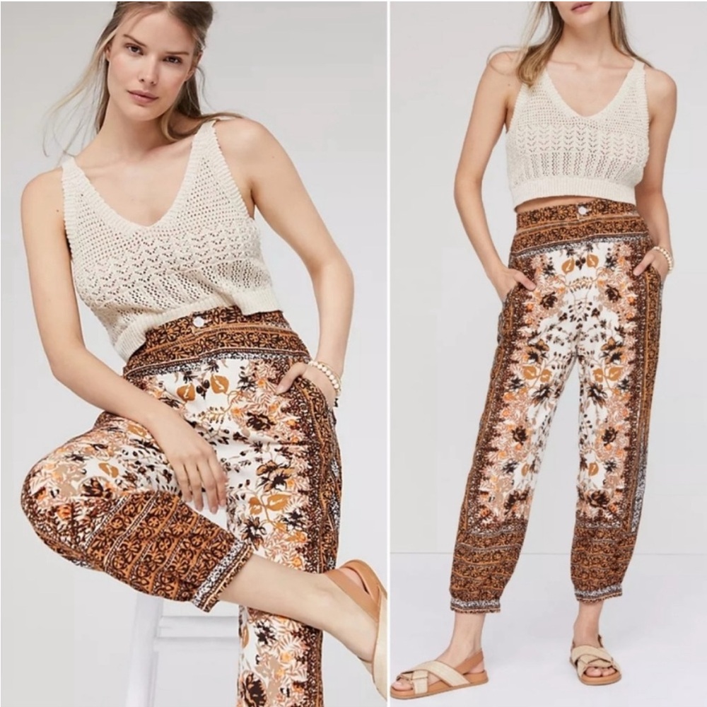 Anthropologie Linen Blend Printed Joggers Size 8